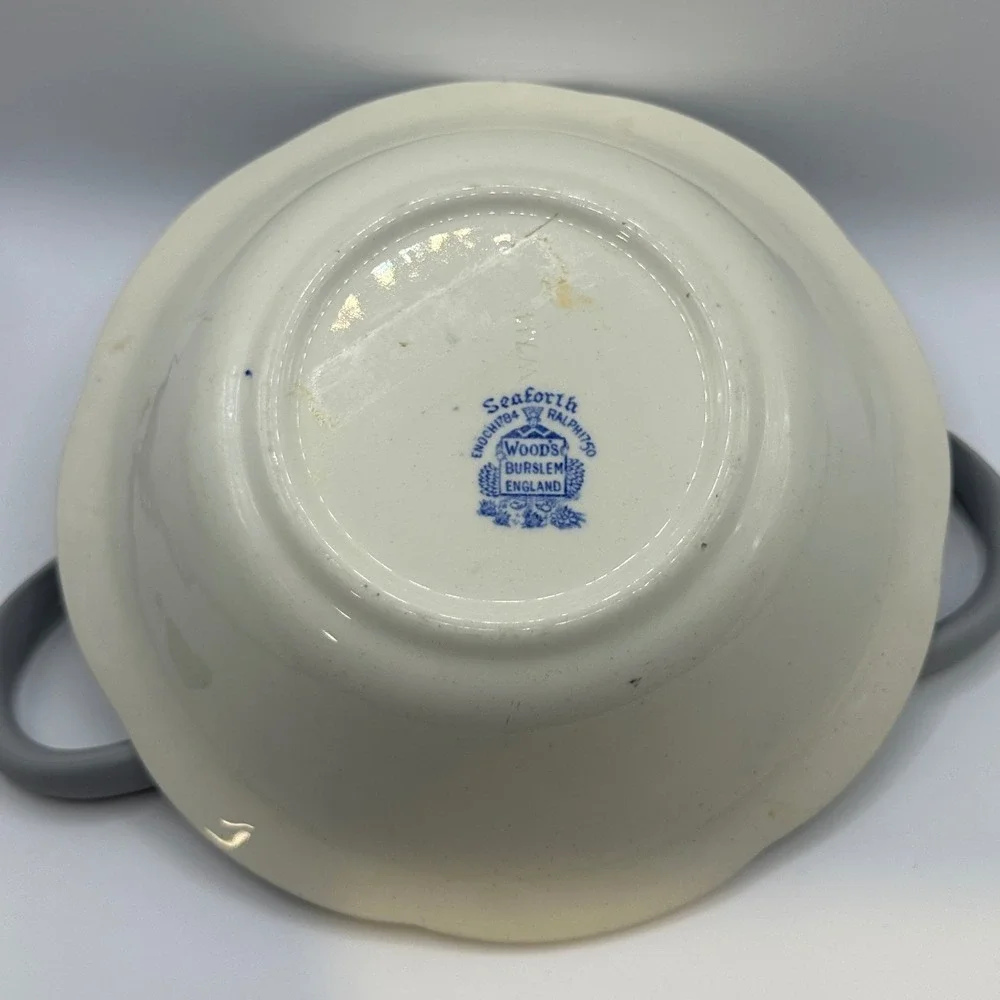 Woods Burslem Seaforth Blue White Transferware Bowl Scalloped England Vintage